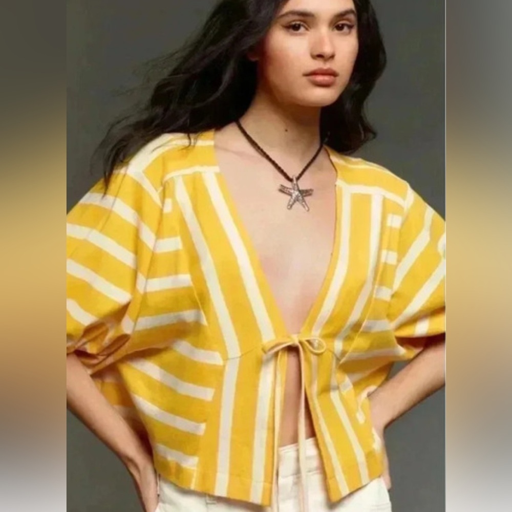 Anthropologie Yellow and White Tie Front Striped Blouse